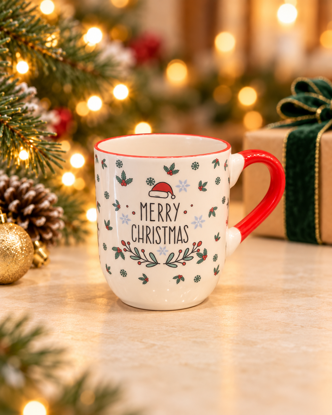 Merry Christmas Mug with Red Handle
